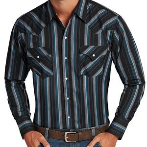 Ely Cattleman Black and Blue Striped Button Down Shirt L